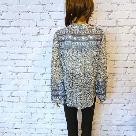 CUPIO, Boho navy blue and white print long sleeve blouse with front tie - Picture 7 of 8
